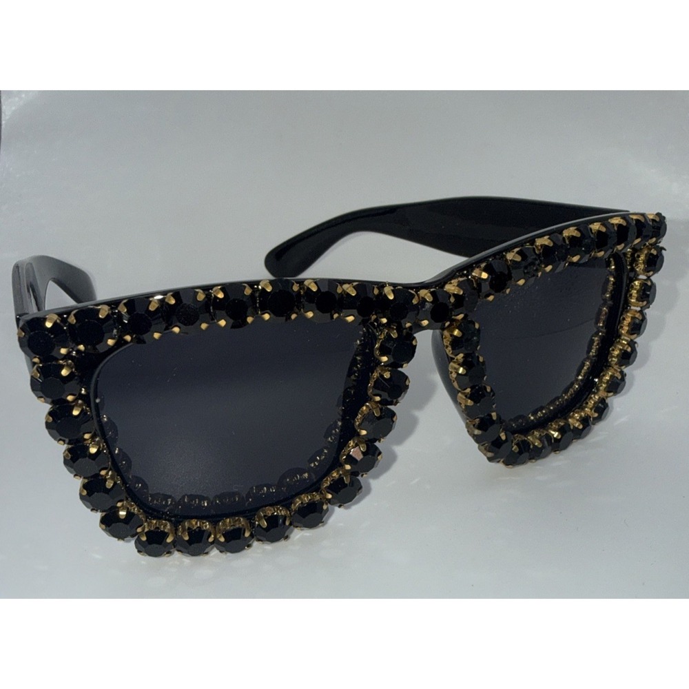 OVERSIZED Square Black & Gold Crystal Studded Sunglasses Black Frame Hand Made - Picture 1 of 4